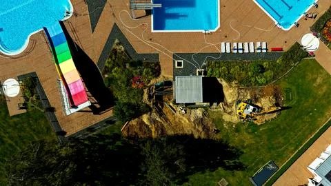 Top Down Aerial View of Freibad Elze with Construction and Waterslide Stock Photos