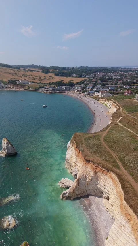 Top Down Aerial View of Freshwater Bay, Isle of Wight, England Stock Footage 340931322
