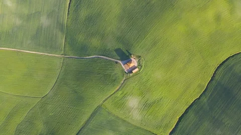 Top Down Aerial View of Green Farmland and Isolated Countryside House, Tuscany Stock Footage 336413151