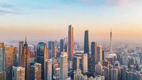 Top Down Aerial View Guangzhou Twin Towers IFC Sk Vídeos de archivo 333035945
