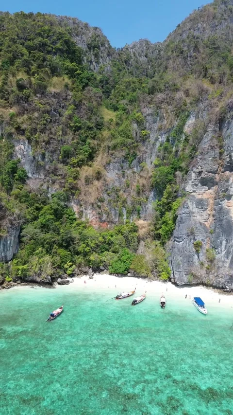 Top Down Aerial View of Hidden Sandy Beach and Boats, Koh Phi Phi Stock Footage 344547934