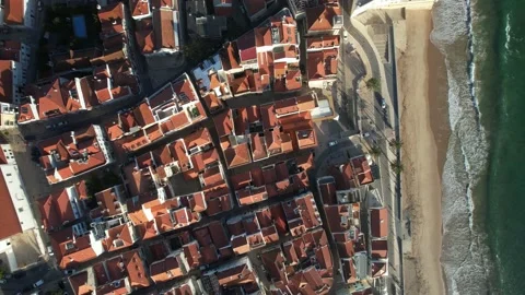 Top down aerial view of historic centre of Sesimbra, Setubal, Portugal Stock Footage 219896145