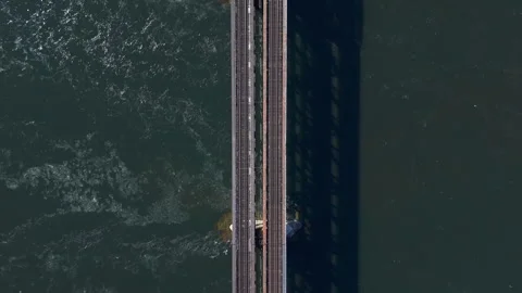 Top-Down Aerial View of Historic Railroad Bridge over the Saint-Laurent River Stock Footage 307726271
