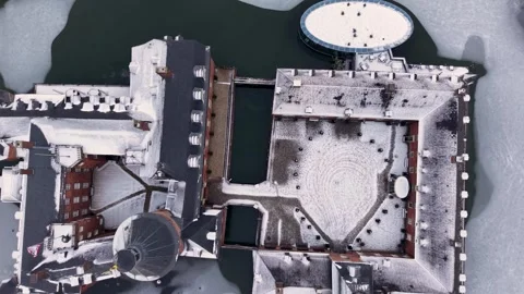 Top down aerial view of the historic Anholt moated castle in Germany during Stock Footage 329897454