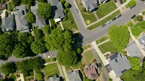 Top Down Aerial View of Homes in Suburban Neighborhood Surrounded by Green Stock Footage 153978876