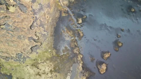 Top down aerial view of Icelandic wetland and dark water 4K Stock-Footage 343869902