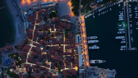 Top down aerial view illumination in budva old town. Stock Footage 234048382