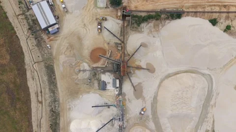 Top-down aerial view of an industrial sand mining facility showing a network of Stock Footage 314086841