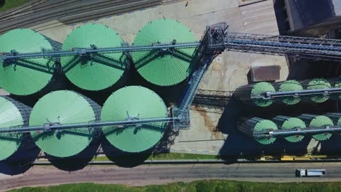 Top down aerial view of industrial agricultural grain silos Stock Footage 341285424