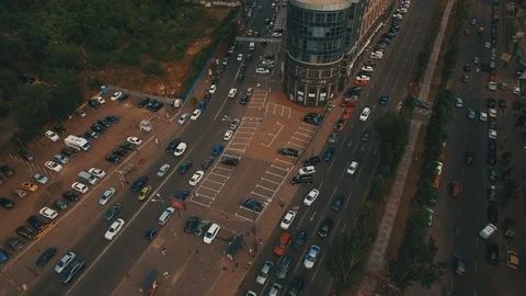 Top down aerial view of intersection with a lot of cars Stock Footage 88170916