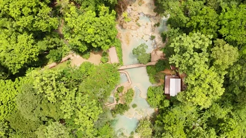 Top Down Aerial View of Jungle Canopy, Pools and Small Hut, Kuang Si Laos Stock-Footage 347422453