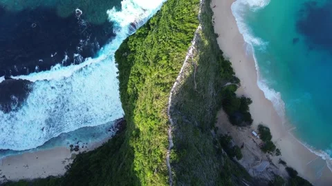 Top Down Aerial View of Kelingking Beach Hiking Path and Cliffs Stock Footage 344880376