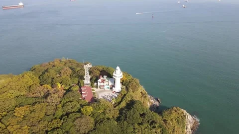 Top Down Aerial View of Lighthouse on Odongdo Island in Yeosu, South Korea Stock Footage 343197504