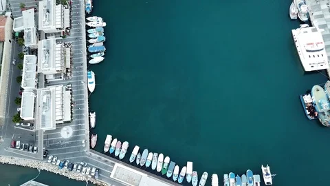 Top down aerial view of Limassol Marina, Cyprus. Luxury yachts and boats docked 動画素材 122394113