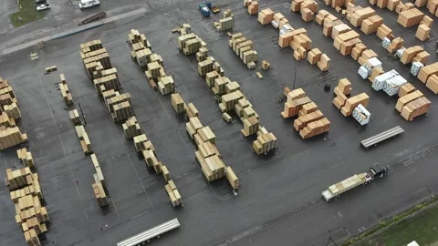 Top Down Aerial View of Lumber Storage in Industrial Yard Stock Footage 342790739