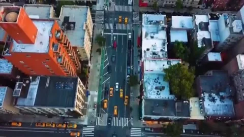 Top Down Aerial View Of Manhattan Street Intersection With Yellow Cabs Stock Footage 343187564