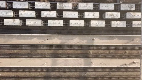 Top down aerial view of many cargo train... | Stock Video | Pond5