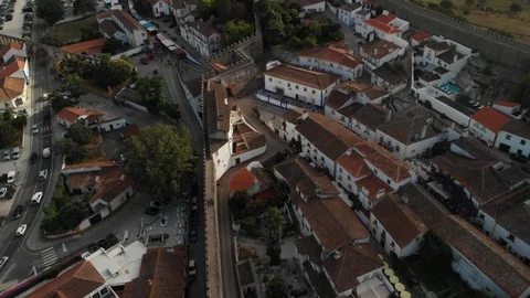 Top down aerial view medieval fortress wall in Obidos Portugal Stock-Footage 107328132