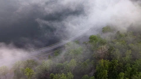 Top down aerial view of misty fog partially covering road and forest next to Stock Footage 345679634