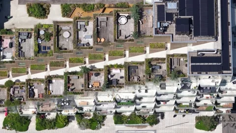 Top down aerial view of modern sustainable housing complex Stock Footage 340412779