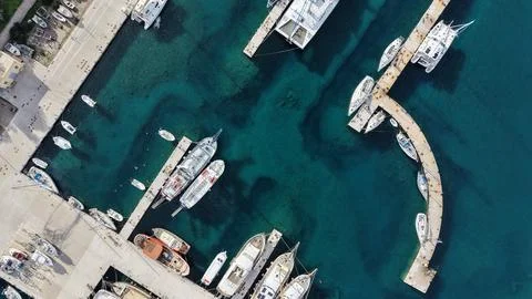 Top-Down Aerial View of Moored Boats in Syros-Ermoupoli Marina Stock Photos