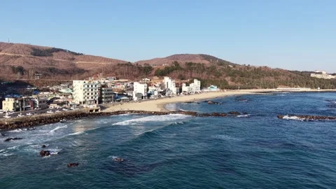 Top Down Aerial View of Mukho Coast, Beach and Seaside Town in Korea Stock Footage 344778282