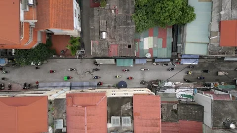 Top-down aerial view of narrow street with motorbike traffic in Hanoi, Vietnam. Stock Footage 310352660