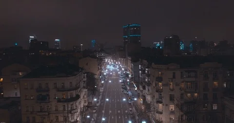 Top down aerial view of night streets in downtown Kyiv, Ukraine Stock Footage 121288653