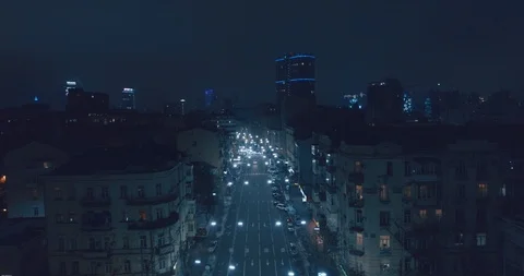 Top down aerial view of night streets in downtown Kyiv, Ukraine Stock Footage 121288705