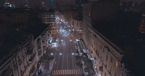 Top down aerial view of night streets in downtown Kyiv, Ukraine Stock Footage 121288769