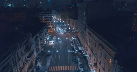 Top down aerial view of night streets in downtown Kyiv, Ukraine Stock Footage 121288809
