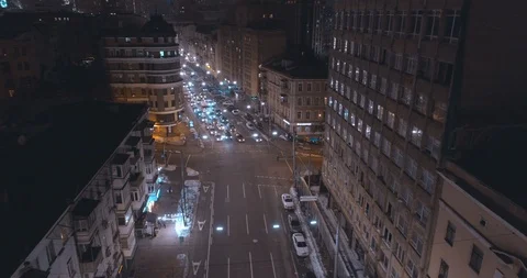 Top down aerial view of night streets in downtown Kyiv, Ukraine Stock Footage 121288894