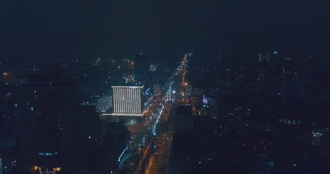 Top down aerial view of night streets in downtown Kyiv, Ukraine Stock Footage 121289186