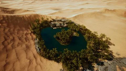 Top down aerial view of oasis in desert 库存插图