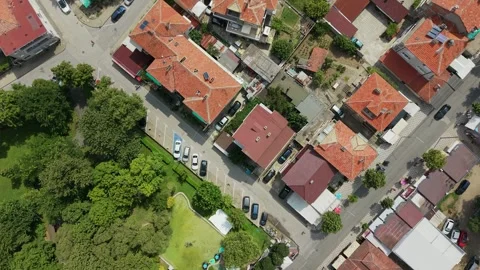 Top down aerial view of Obzor town streets and red rooftops in Bulgaria Stock-Footage 344471789