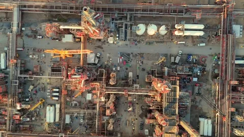 Top Down Aerial View of Oil Refinery Processing Units and Pipelines Stock Footage 334953046