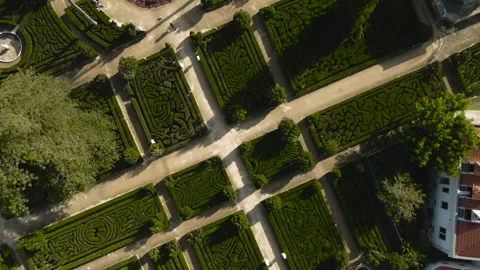 Top Down Aerial View of Ornate Baroque Gardens with Geometric Fountains Stock Footage 325714159