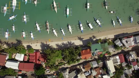 Top Down Aerial View of Outrigger Boats at El Nido Beach in Palawan, Philippines Stock Footage 144778751