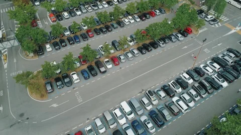 Top down aerial view of a parking square with no free parking lots Stock Footage 119358694