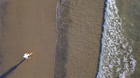Top down aerial view of person walking along sandy beach and gentle waves Stock Footage 341264677