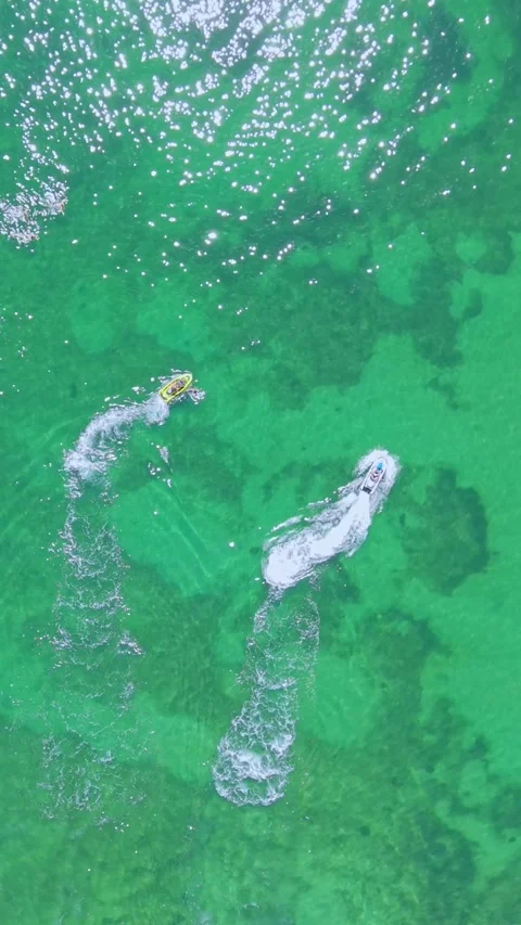 Top-Down Aerial View of personal waterfrafts on Emerald Green Ocean Stock-Footage 327911216