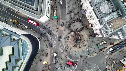 Top-down aerial view of Piccadilly Circus and Eros – July 13, 2025 London Video stock 328609120