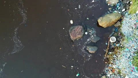 Top-Down Aerial View of Plastic Pollution and Trash in Dirty Water Stock Footage 320185206