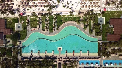 Top down aerial view of pool on grounds of a luxury hotel in tropics. Palm trees Stock Footage 274371968
