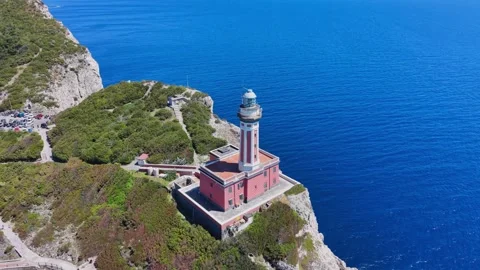 Top Down Aerial View Punta Carena Lighthouse Rocky Cliffs Capri Italy Stock Footage 337817595