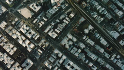 Top down aerial view of a quiet, residential area with homes and streets in New Stock Footage 199458359