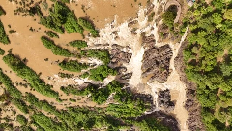 Top Down Aerial View of Rapids Between Green Islands, Don Det Laos Stock-Footage 347419993