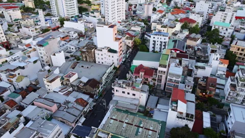 Top down aerial view of residential district and narrow street Stock Footage 336391990
