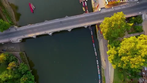 Top Down Aerial View of Richmond Bridge over River Thames, London, UK Stock Footage 341754879