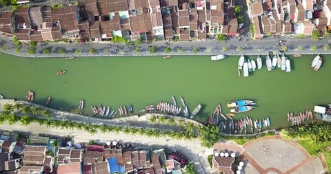 Top down aerial view of river in Vietnam with boats and people Stock Footage 97428314